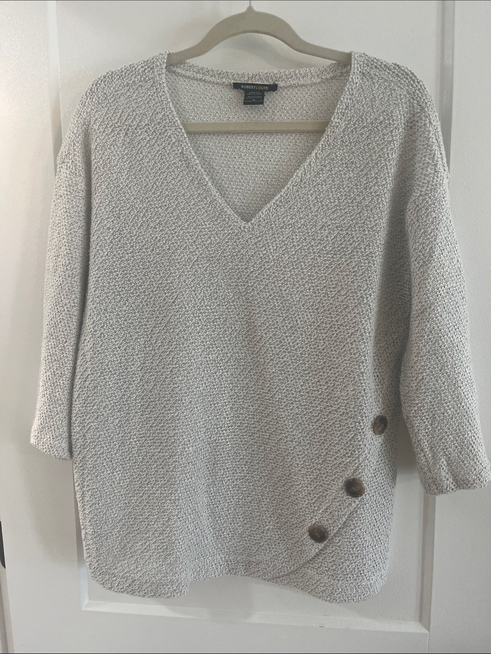 Robert Louis Light Cream V-Neck Sweater with Side Button Accents
